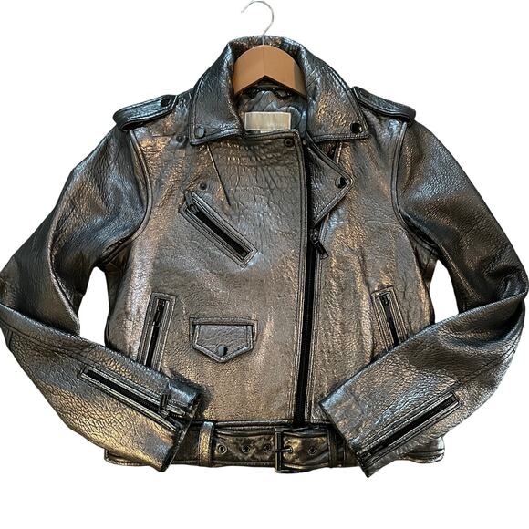 Michael Kors Metallic Silver Leather Jacket | Womens M, Moto Style EUC MSRP $595 - Picture 8 of 12